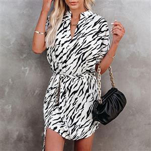 Fashion Leopard Print V Neck Short Sleeve Loose Lace-up Irregular Summer Mini Dress N21119