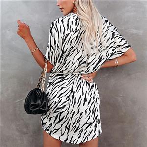Fashion Leopard Print V Neck Short Sleeve Loose Lace-up Irregular Summer Mini Dress N21119