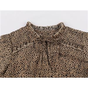 Fashion Leopard Scalloped Tie Collar Flutter Sleeves Loose Waist Daily Casual Blouse Top N22123