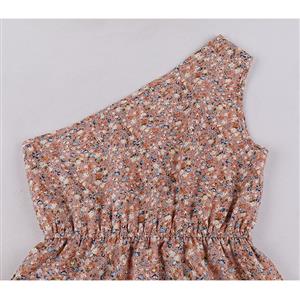 Fashion Floral Print One-shoulder Sleeveless Elastic Waist Summer Daily Casual Top N22125