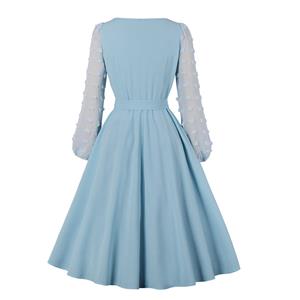 Fashion Round Neck Solid Color Long Puff Sleeve High Waist Cocktail Party A-line Dress N21583