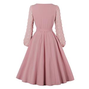 Fashion Round Neck Solid Color Long Puff Sleeve High Waist Cocktail Party A-line Dress N21616