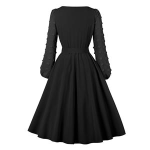 Fashion Round Neck Solid Color Long Puff Sleeve High Waist Cocktail Party A-line Dress N21617