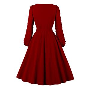 Fashion Round Neck Solid Color Long Puff Sleeve High Waist Cocktail Party A-line Dress N21618
