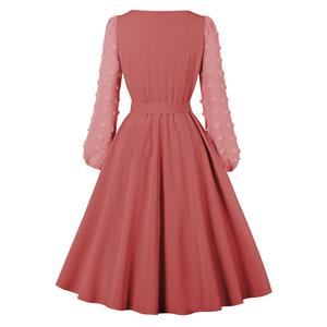 Fashion Round Neck Solid Color Long Puff Sleeve High Waist Cocktail Party A-line Dress N21620