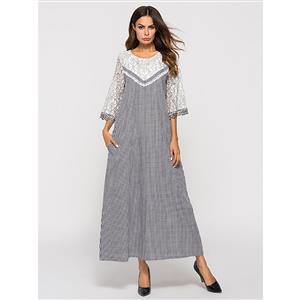 Plus Size Fashion Traditional Checkered Round Neck Loose Waist Spliced Maxi Dress N19582
