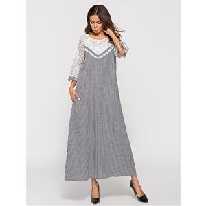 Plus Size Fashion Traditional Checkered Round Neck Loose Waist Spliced Maxi Dress N19582