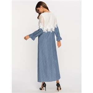 Fashion Casual Floral Lace and Pinstripe Spliced Long Sleeve Loose Waist Maxi Dress N19583