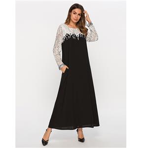 Elegant Flower Top Spliced Long Sleeve Loose Waist Formal Black Maxi Dress N19584