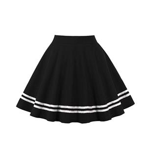 Fashion Black Navy Style Striped Trim Cotton High Waist A-line Mini Pleated Skirt N20942