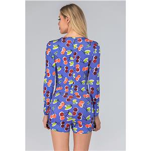 Fashion One-piece Split V Neck Long Sleeve Print Boxer Swimsuit Short Jumpsuit N20515