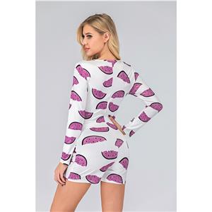 Fashion One-piece Split V Neck Long Sleeve Print Boxer Swimsuit Short Jumpsuit N20516