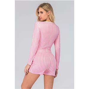 Fashion One-piece Split V Neck Long Sleeve Stripes Print Boxer Swimsuit Short Jumpsuit N20517