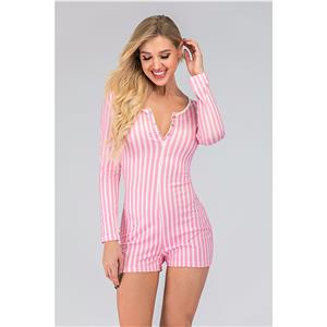 Fashion One-piece Split V Neck Long Sleeve Stripes Print Boxer Swimsuit Short Jumpsuit N20517