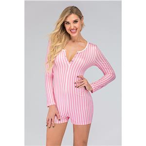 Fashion One-piece Split V Neck Long Sleeve Stripes Print Boxer Swimsuit Short Jumpsuit N20517