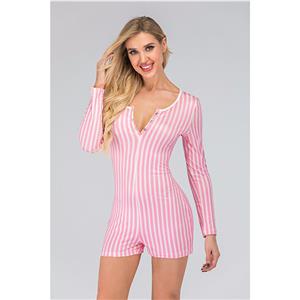 Fashion One-piece Split V Neck Long Sleeve Stripes Print Boxer Swimsuit Short Jumpsuit N20517