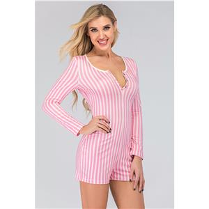 Fashion One-piece Split V Neck Long Sleeve Stripes Print Boxer Swimsuit Short Jumpsuit N20517