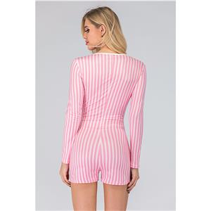 Fashion One-piece Split V Neck Long Sleeve Stripes Print Boxer Swimsuit Short Jumpsuit N20517