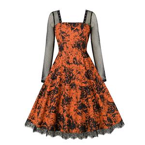 Fashion Orange Black Rose Square Collar Long Sleeve High Waist A-line Midi Dress N23132