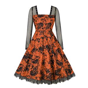 Fashion Orange Black Rose Square Collar Long Sleeve High Waist A-line Midi Dress N23132