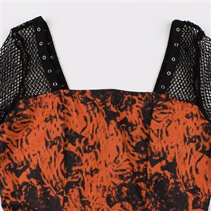 Fashion Orange Black Rose Square Collar Long Sleeve High Waist A-line Midi Dress N23132