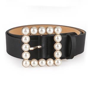 Fashion PU Leather Pearl Square Buckle Cincher Waist Belt N18772