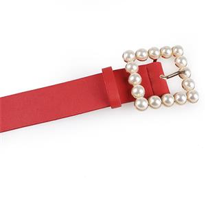 Hot Red PU Leather Pearl Square Buckle Cincher Waist Belt N18773