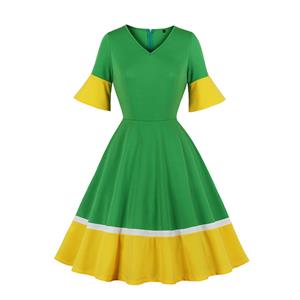 Fashion Eye-catching Green and Yellow Spliced Flared Sleeve Swing Day Dress N19512