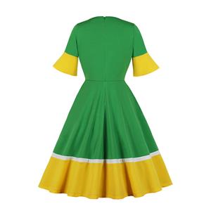 Fashion Eye-catching Green and Yellow Spliced Flared Sleeve Swing Day Dress N19512