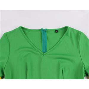Fashion Eye-catching Green and Yellow Spliced Flared Sleeve Swing Day Dress N19512