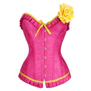 Fashion Pink Jacquard Ruffle Plastic Bones Busk Closure Overbust Corset With Corsage N20247