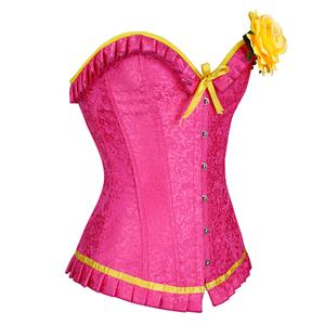 Fashion Pink Jacquard Ruffle Plastic Bones Busk Closure Overbust Corset With Corsage N20247