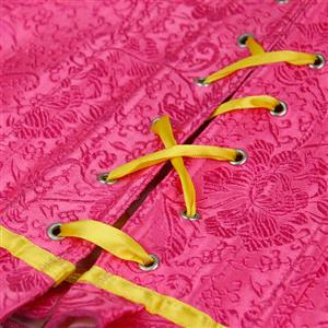 Fashion Pink Jacquard Ruffle Plastic Bones Busk Closure Overbust Corset With Corsage N20247