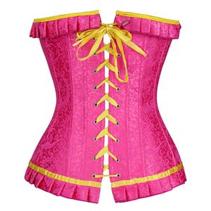 Fashion Pink Jacquard Ruffle Plastic Bones Busk Closure Overbust Corset With Corsage N20247