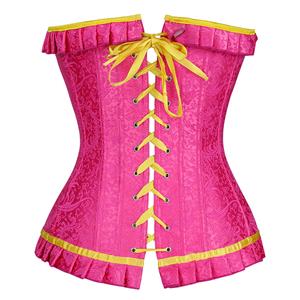 Fashion Pink Jacquard Ruffle Plastic Bones Busk Closure Overbust Corset With Corsage N20247