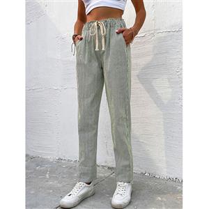 Women's Fashion Pinstripe Straight Leg High Waist Elastic Band Cozy Daily Casual Trousers N21869