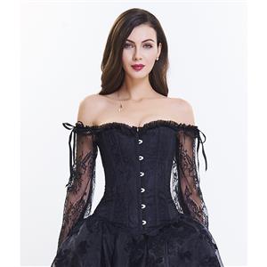 Women's Fashion Plastic Boned Black Overbust Corset with Long Floral Lace Sleeve N14474