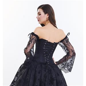 Women's Fashion Plastic Boned Black Overbust Corset with Long Floral Lace Sleeve N14474