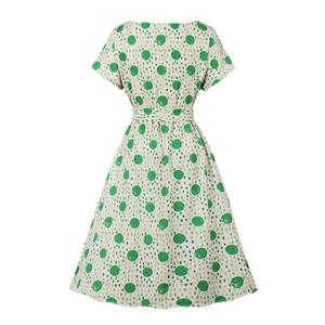 Fashion Polka Dots Round Neckline Short Sleeve Sash High Waist Daily Casual Midi Dress N22103