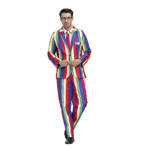 Men 's Fashion Rainbow Stripes Print Personalized Party Suit Adult Cosplay Costume N20489