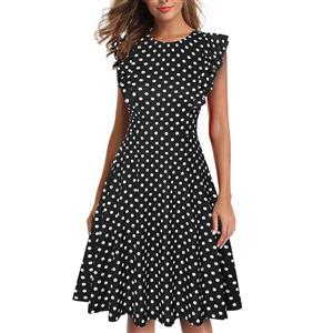 Vintage Black and White Polka Dots Round Neck Flying Sleeves High Waist Daily Midi Dress N21371