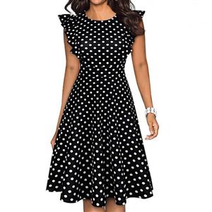Vintage Black and White Polka Dots Round Neck Flying Sleeves High Waist Daily Midi Dress N21371