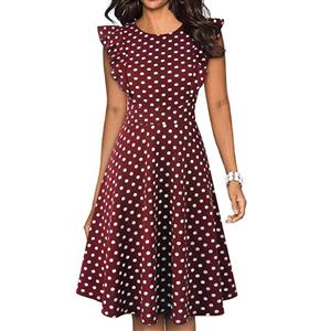 Vintage Red and White Polka Dots Round Neck Flying Sleeves High Waist Daily Casual Midi Dress N21372