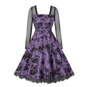 Fashion Purple Black Rose Square Collar Long Sleeve High Waist A-line Midi Dress N23131