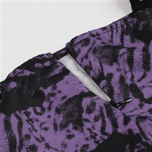 Fashion Purple Black Rose Square Collar Long Sleeve High Waist A-line Midi Dress N23131
