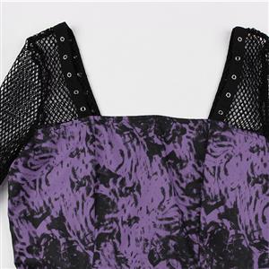 Fashion Purple Black Rose Square Collar Long Sleeve High Waist A-line Midi Dress N23131