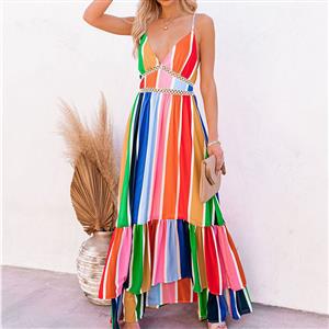 Fashion Rainbow Stripes Print Deep V  Backless Lace Stitching Ruffle Maxi Slip Dress N21016