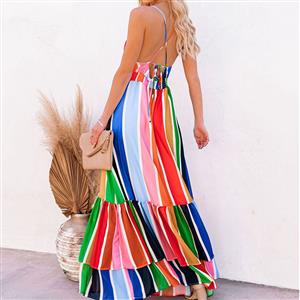 Fashion Rainbow Stripes Print Deep V  Backless Lace Stitching Ruffle Maxi Slip Dress N21016