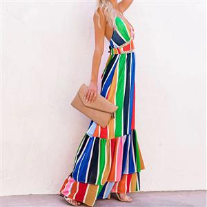 Fashion Rainbow Stripes Print Deep V  Backless Lace Stitching Ruffle Maxi Slip Dress N21016