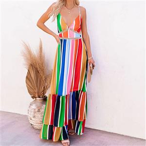 Fashion Rainbow Stripes Print Deep V  Backless Lace Stitching Ruffle Maxi Slip Dress N21016